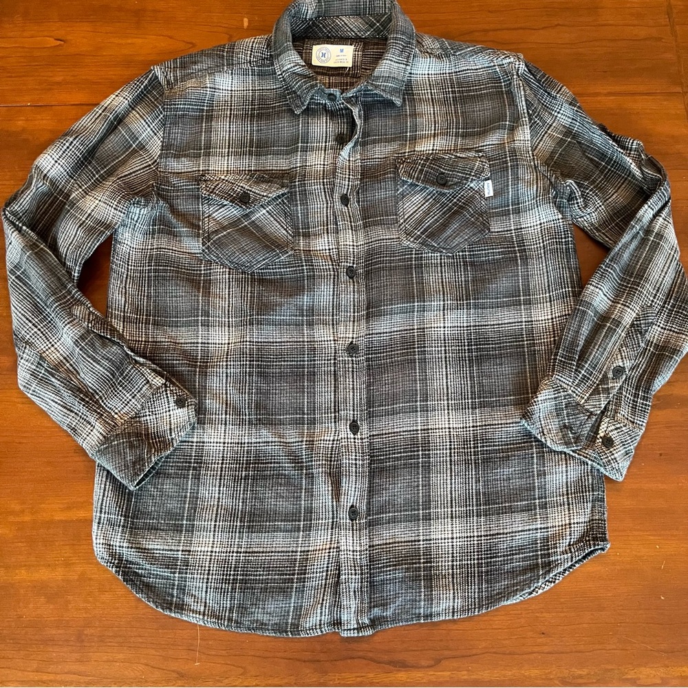 Hurley Men’s long sleeve button down shirt black white plaid Sz M